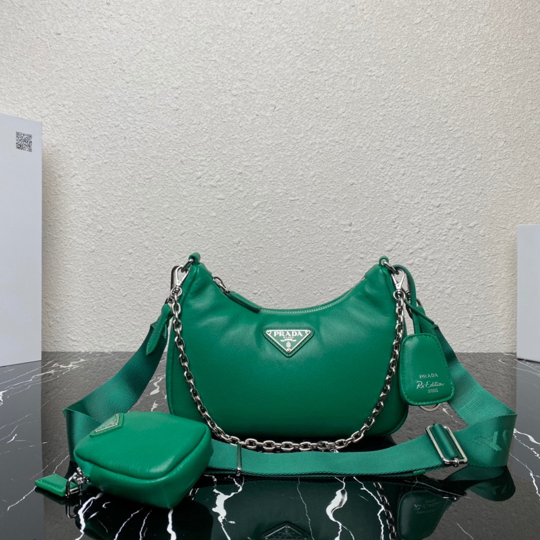 Prada Padded Nappa Leather Re Edition 2005 Shoulder Bag Mango Green 1BH204